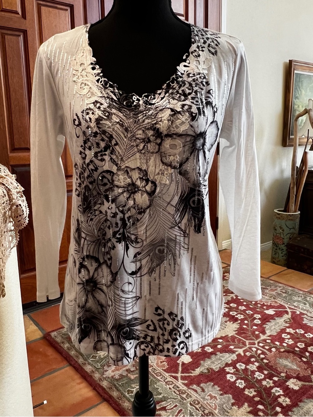 Y2K Impulse California Black White Floral Shirt With Metallic Embellishments M